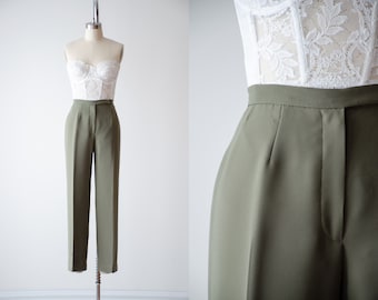 high waisted pants | 90s vintage sage green cottagecore academia pleated straight leg trousers