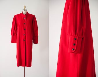 red wool coat | 80s 90s vintage Lady Suzette bright red black lantern sleeve oversized heavy warm long wool coat