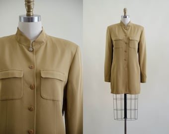 golden tan silk jacket | 90s minimal matte silk crepe de chine mustard brown vintage jacket coat