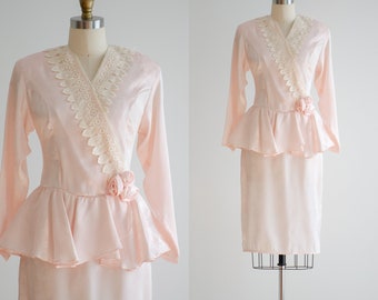 pink peplum dress 80s vintage blush pink peach jacquard lace dress