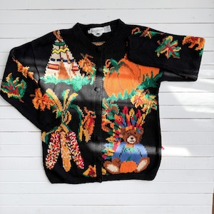 vtg Eagles Eye Thanksgiving teddy bear feast hand knit cardigan sweater size M