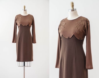 brown mini dress | 80s 90s vintage two tone dark brown jersey knit soutache embroidered cocktail party dress