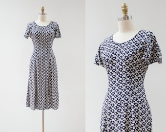floral midi dress | 90s vintage dark floral navy blue white romantic cottagecore maiden flowy midi dress