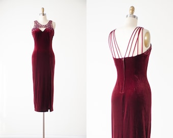 red velvet dress | 80s 90s vintage burgundy glamorous low back sheer mesh cutout tight stretchy velvet gown