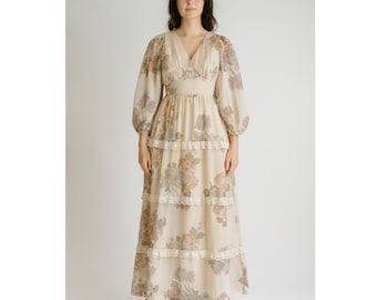 vtg 1970s cream floral lace balloon sleeve tiered maxi dress boho wedding dress