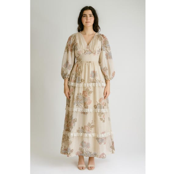 vtg 1970s cream floral lace balloon sleeve tiered maxi dress boho wedding dress vtg 1970s cream floral lace balloon sleeve tiered maxi dress boho wedding dress