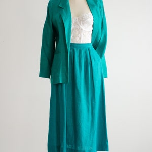 green linen suit 80s vintage David Brooks pleated midi skirt suit image 4