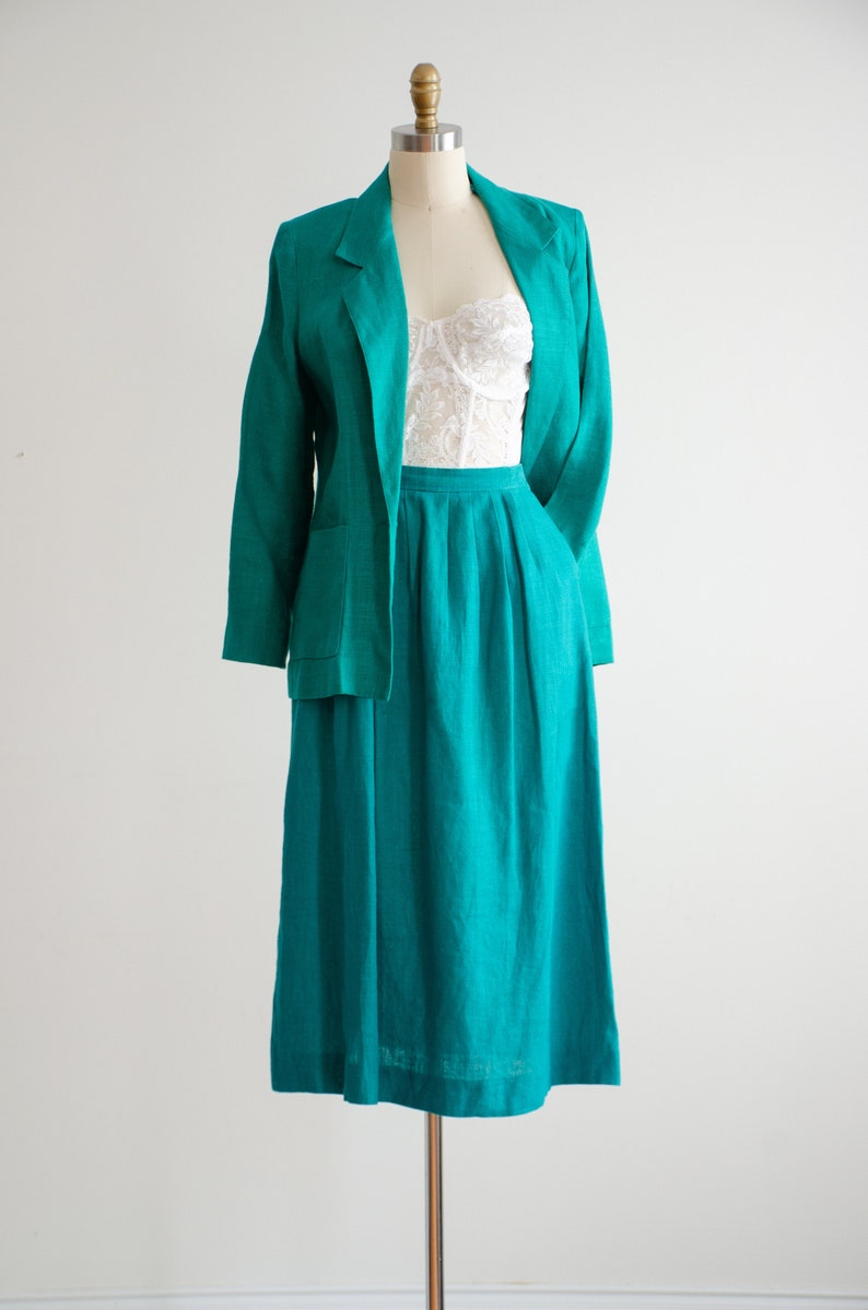 green linen suit 80s vintage David Brooks pleated midi skirt suit image 4