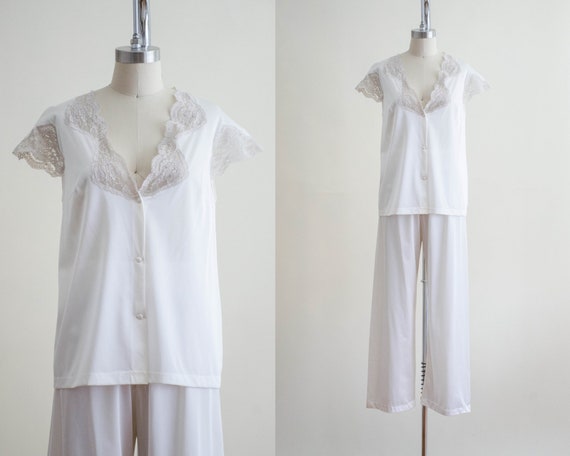 vintage nylon lace pajamas | 60s white pajama set… - image 1