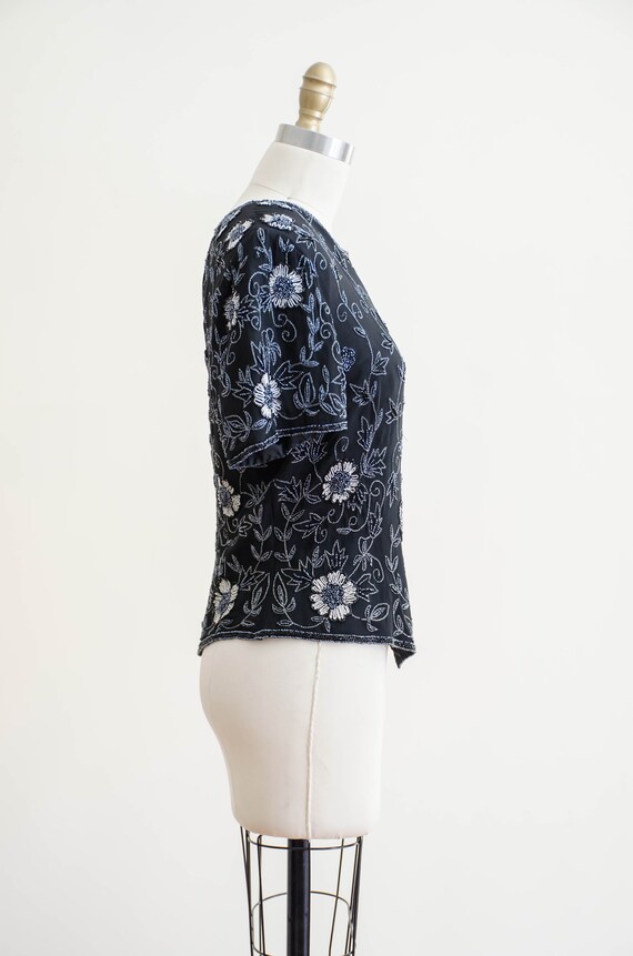 black beaded top | 80s vintage black floral silk … - image 7