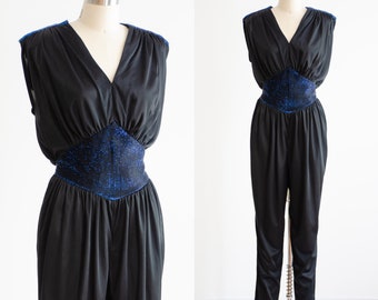 black jumpsuit 80s vintage metallic blue sleeveless jumpsuit