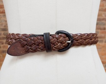 brown braided leather belt | 90s plus size vintage woven leather belt