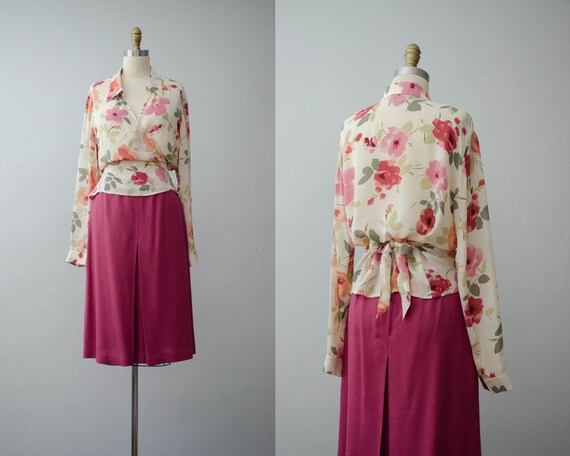 cream floral wrap blouse | Ann Taylor silk blouse