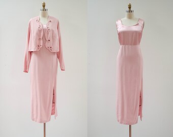 blush pink dress | 80s 90s plus size vintage pale pastel pink wiggle dress jacket set