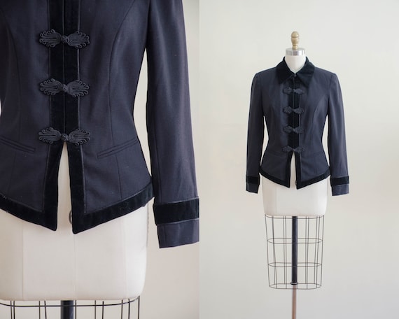 black wool jacket | black velvet jacket