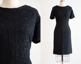 black embroidered dress 50s 60s vintage eyelet embroidery shift dress