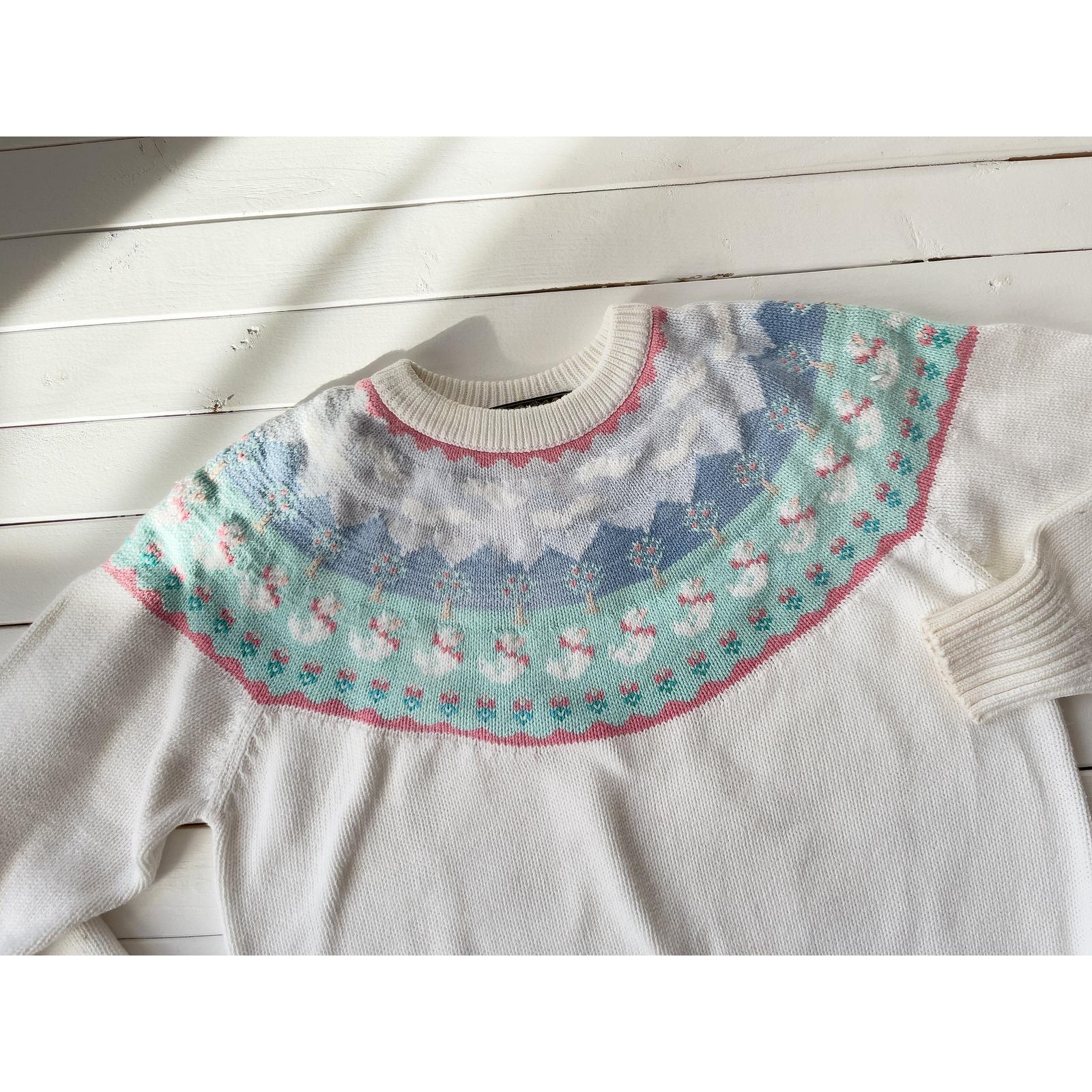 Eddie Bauer Vtg Fair Isle Cottagecore White Ducks Scenic Sweater