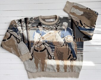 Vintage 90s Pegasus Knit Sweater Black and White Retro Horse 