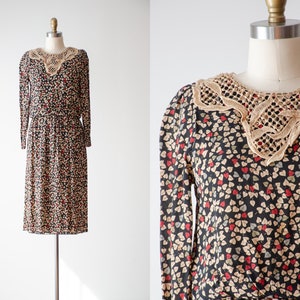 cottagecore dress 80s vintage black leaf pattern lace collar knee length dress