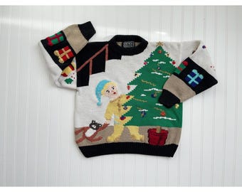 vtg Berek Marta D Christmas Santa hand knit cotton sweater size S
