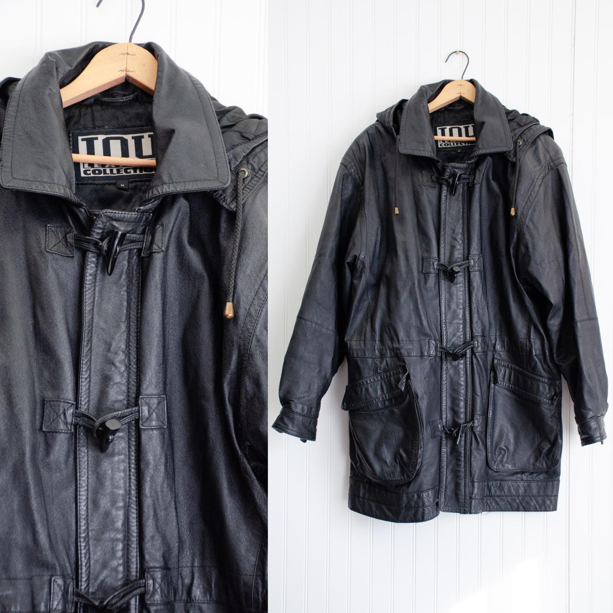 Black Leather Jacket 80s 90s Vintage IOU Oversized Hooded Black