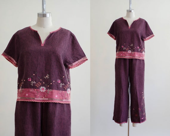 linen lounge set | burgundy embroidered lounge set