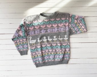 cute cottagecore sweater 80s 90s vintage gray pastel pink blue duck goose hearts intarsia kawaii sweater