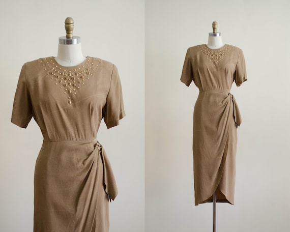 tan wrap dress | 1980s dress | sarong dress