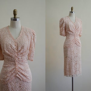 peach lace dress 80s vtg romantic pink floral lace dress 40s style dress