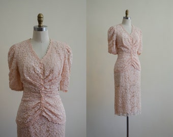 peach lace vintage dress | 80s vintage romantic pink floral lace dress | 40s style dress