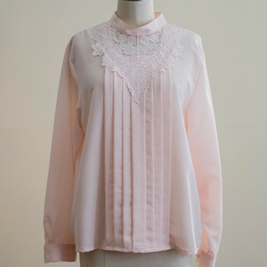 80s lace collar blouse silky pink Edwardian style high collar vintage blouse image 2