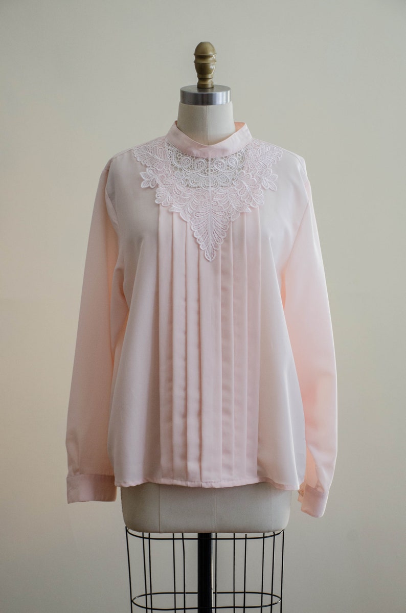 80s lace collar blouse silky pink Edwardian style high collar vintage blouse image 2