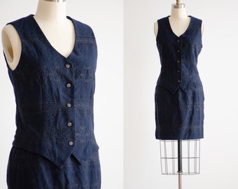 blue wool mini skirt suit 90s y2k vintage navy embroidered vest and skirt set