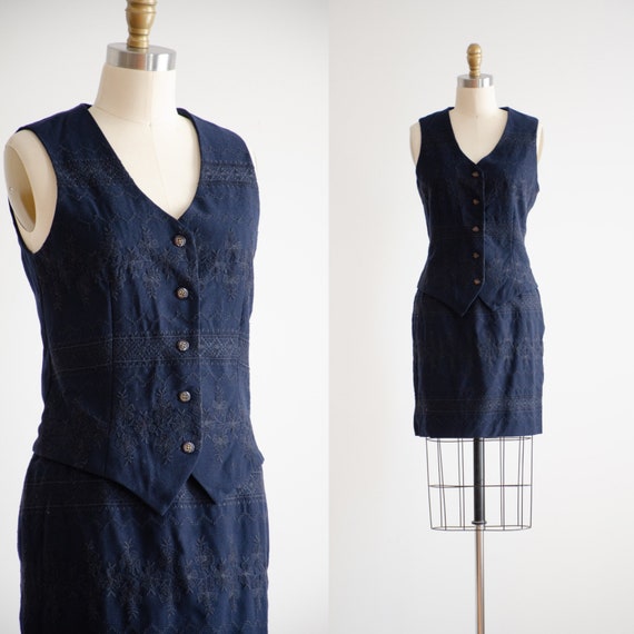 blue wool mini skirt suit 90s y2k vintage navy em… - image 1