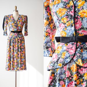 floral suit | 80s vintage cottagecore pink blue yellow puff sleeve peplum blouse skirt two piece set