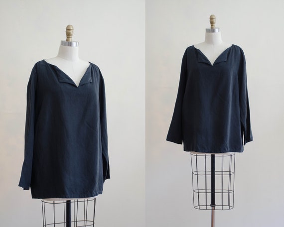 black linen tunic | black silk shirt