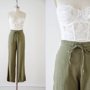 green linen pants | 90s y2k plus size vintage dark olive green elastic drawstring waist loose baggy wide leg lounge pants
