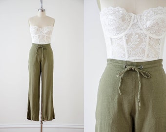 green linen pants | 90s y2k plus size vintage dark olive green elastic drawstring waist loose baggy wide leg lounge pants