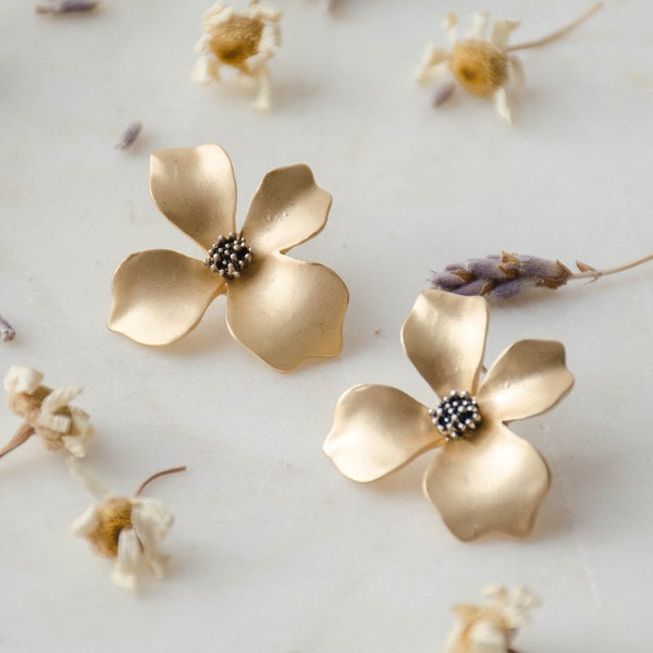 gold flower earrings, matte gold dogwood blossom stud earrings, romantic cottagecore nature woodland gift for her, statement earrings