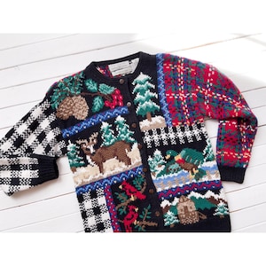 vtg Northern Isles deer duck nature hand knit cardigan sweater