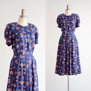 blue silk dress 80s vintage floral jacquard puff sleeve midi dress