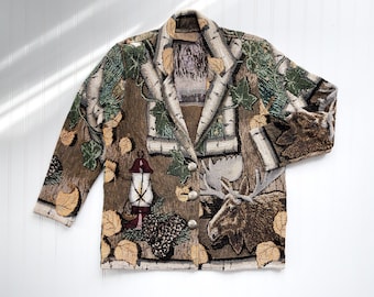 Chaqueta y abrigo de tapiz tejido rústico con alce de cabaña de montaña de poni pintado vintage