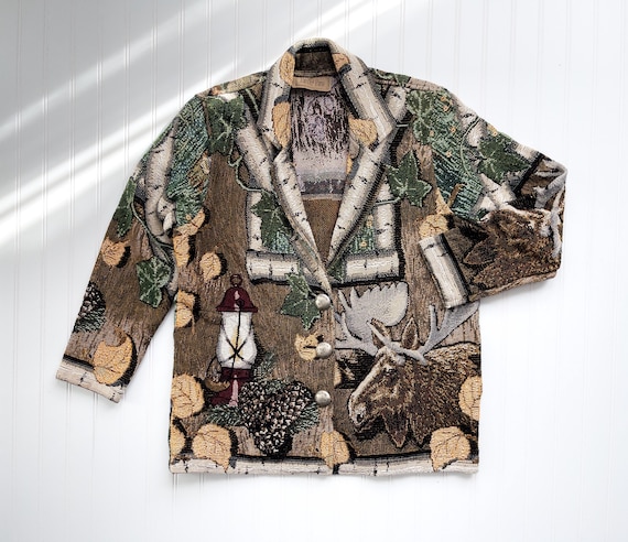 Vtg Painted Pony Mountain Cabin Moose Rustic Woven Tapestry Jacket
