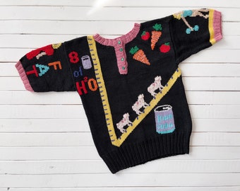 Berek sweater | 80s vintage healthy eating diet food novelty embroidered granny style hand knit sweater