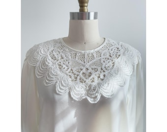 cottagecore blouse 80s 90s vintage white cream lace collar long sleeve shirt