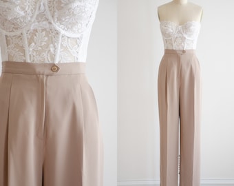 high waisted pants 90s vintage beige light brown straight leg trousers