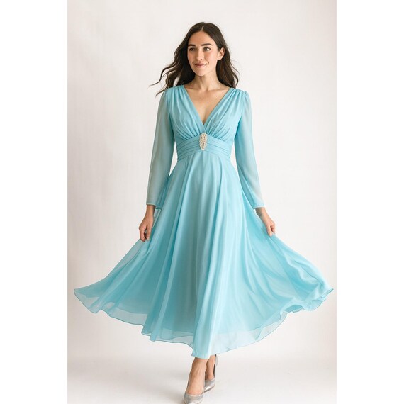 sachin and babi light blue dress sherri hill Floral chiffon gown with side cut bodice and ruffle skirt slit main image 1