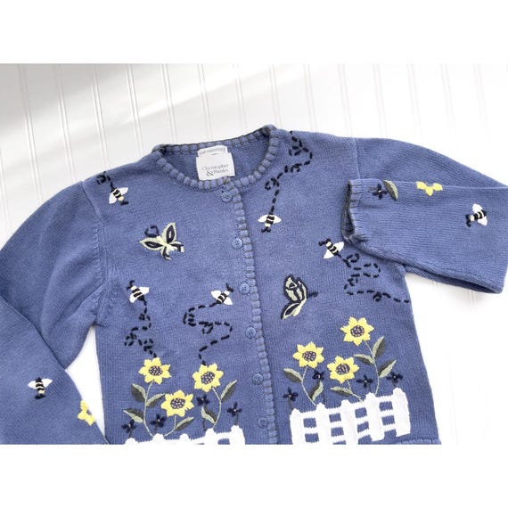 vtg Christopher and Banks blue sunflower butterfly bee cardigan sweater