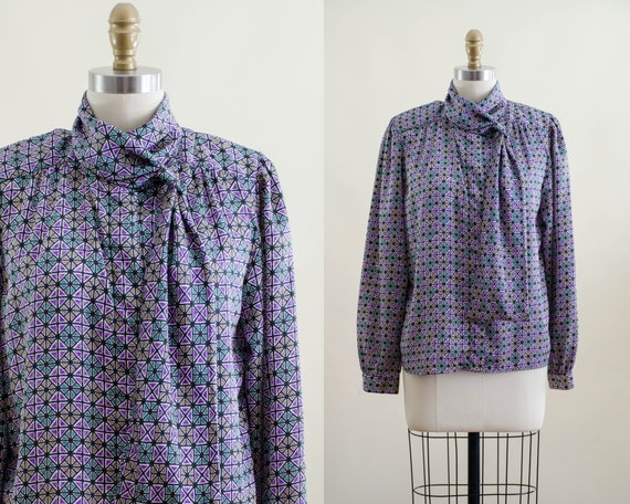 80s ascot blouse | vintage purple green orange st… - image 1