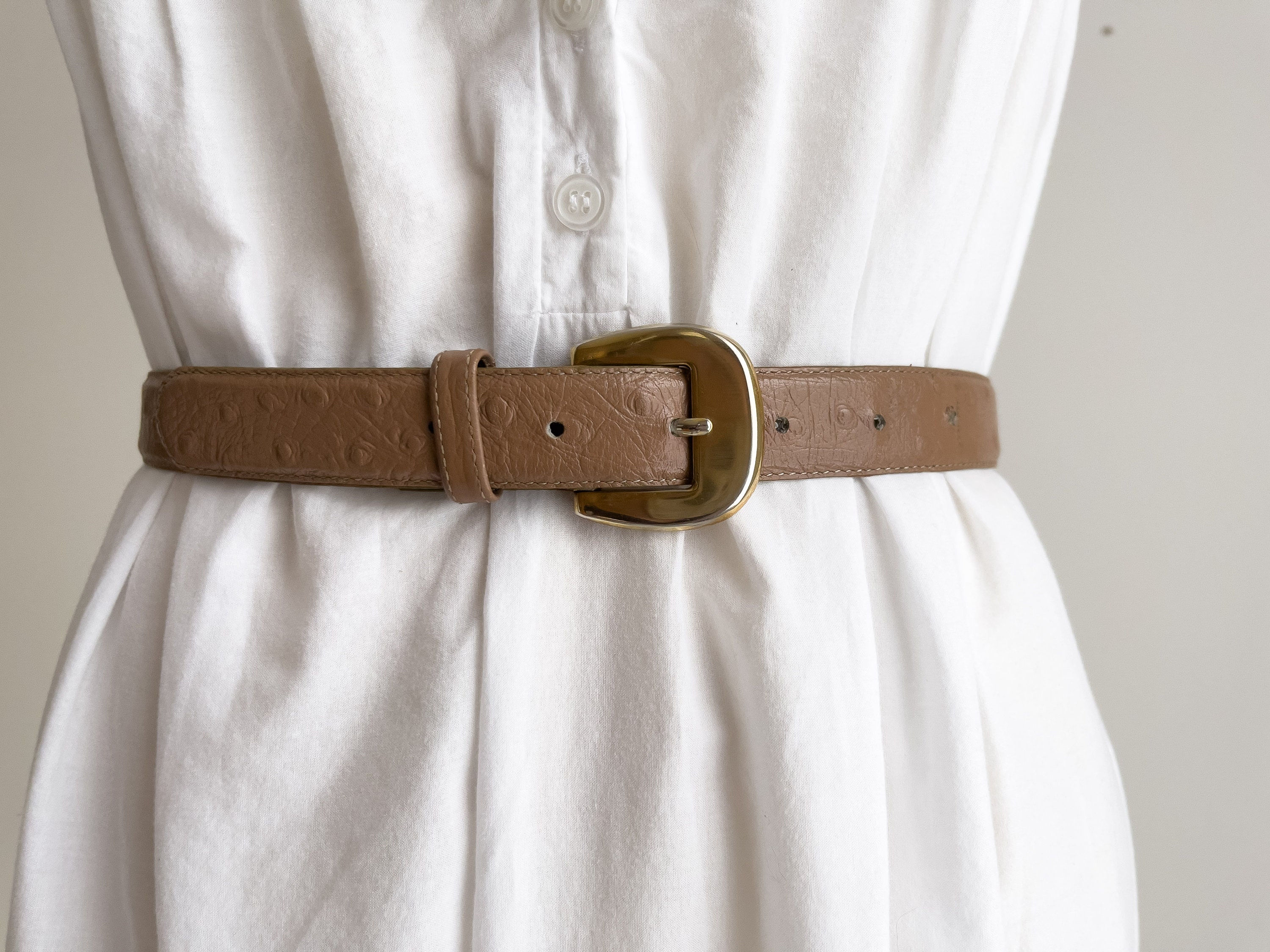 Ostrich Leather Lorenzi Vintage 80s Exotic Slim Light Brown Belt Vintage 1980s 1990s Ostrich Leather Belt Beige Exotic Design  main image 4